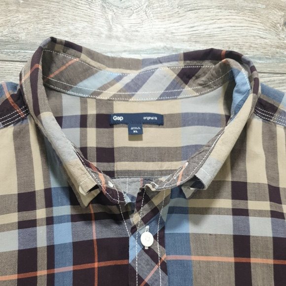 Gap Men XL Short Sleeve Shirt Casual Cotton Blue Brown Plaid Vacation Travel - Picture 5 of 10